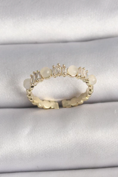 Pirinç Gold Renk Zirkon Taşlı Beyaz Mineli Ayarlanabilir Yüzük - EBJ250113W30579 ürün görseli