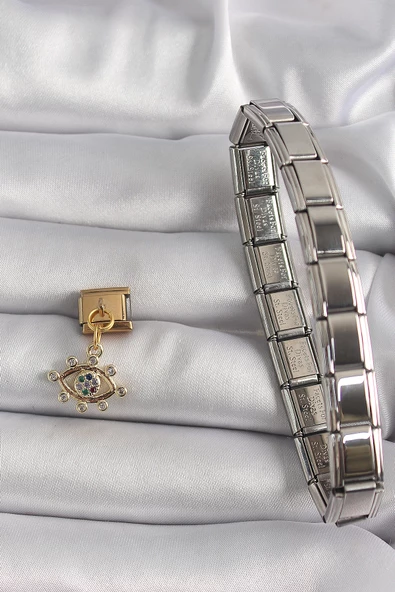 Gold Renk Sallantı Zirkon Taşlı Göz Model Nomination Charm - EBJ250113W30418 - Resim 2