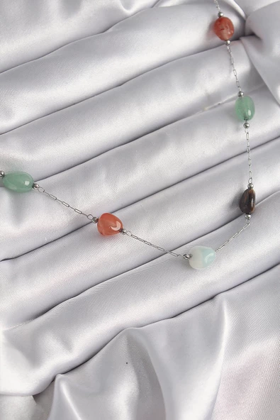 Gümüş Renk Zincir Renkli Doğaltaş Model Kadın Kolye - EBJ250113W30603 ürün görseli