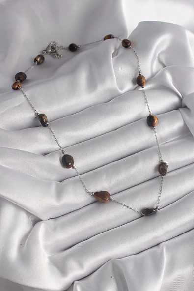 Gümüş Renk Zincir Kahverengi Doğaltaş Model Kadın Kolye - EBJ250113W30605 - Resim 2