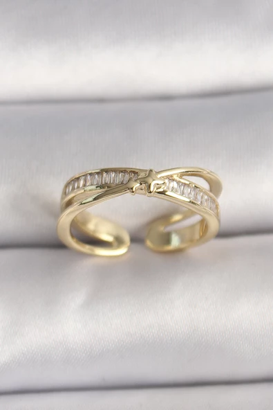 Pirinç Gold Renk Zirkon Taşlı Yıldız Detaylı Ayarlanabilir Kadın Yüzük - EBJ250113W30593 ürün görseli