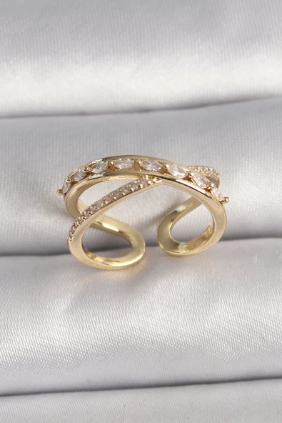 Pirinç Gold Renk Zirkon Taşlı Ayarlanabilir Kadın Yüzük - EBJ250113W30597 ürün görseli