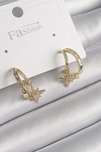 Pirinç Gold Renk Zirkon Taşlı Halka Model Yıldız Detay Kadın Küpe - EBJ250113W30511 ürün görseli