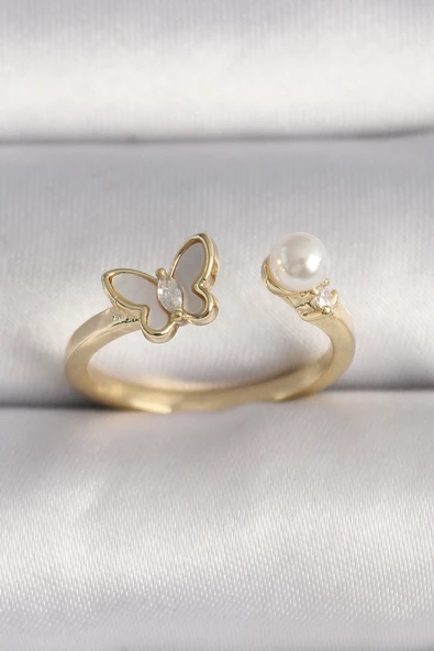 Pirinç Gold Renk Zirkon Taş Detaylı Beyaz Mineli Kelebek Model İnci Detay Ayarlanabilir Yüzük - EBJ250113W30543 ürün görseli