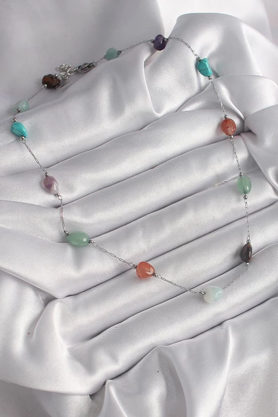 Gümüş Renk Zincir Renkli Doğaltaş Model Kadın Kolye - EBJ250113W30603 - Resim 2