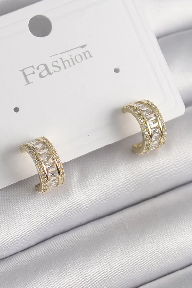 Pirinç Gold Renk Zirkon Taşlı Halka Model Kadın Küpe - EBJ250113W30509 - 1