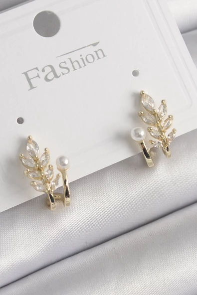 Pirinç Gold Renk Zirkon Taşlı Yaprak Model İnci Detay Küpe - EBJ250113W30481 ürün görseli