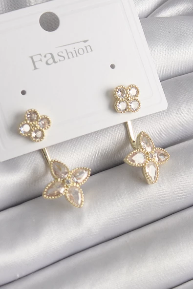 Pirinç Gold Renk Zirkon Taşlı Yonca Model Kadın Küpe - EBJ250113W30489 ürün görseli