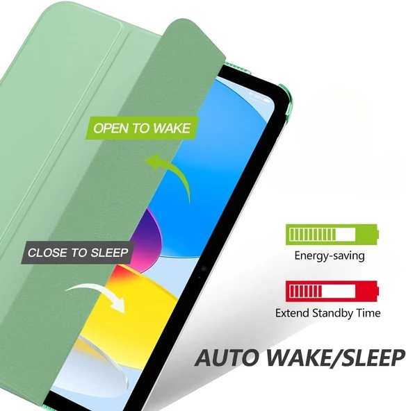İpad 10. Nesil 10.9 / A16 2025 Uyumlu Kılıf Uyku Modlu Pu Deri Smart Standlı A2696 A2757 A3355 A3356  AÇIK YEŞİL - Resim 3