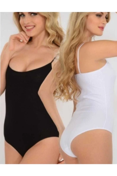 Seher Kadın 2li Karışık Renk Siyah Beyaz Ip Askılı Pamuklu Likralı Kancalı Body Zıbın 0066