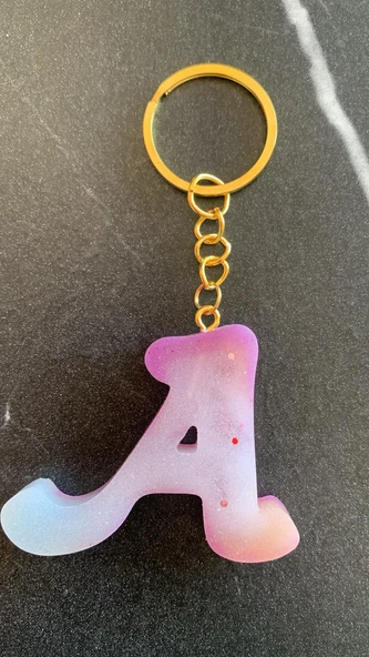 A Harfi Gökkuşağı Renkleri Kırmızı Sim Süsleme Anahtarlık Gold Aksesuarlı El Yapımı Epoksi - Resim 6