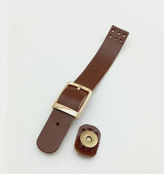 Çanta Aksesuar 18x2,3 cm Kızıl Kahve Gerçek Deri Tokalı Çanta Kapağı Light Gold Metalli - 1