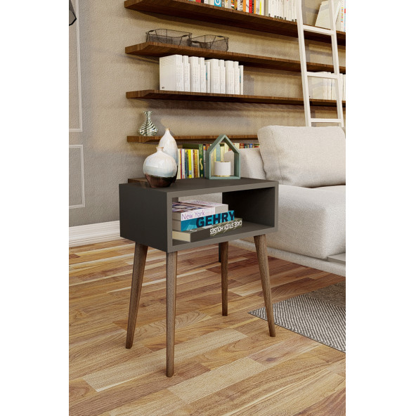 Yeni Konsept Antrasit Başucu Yan Sehpa Komodin(Ceviz Ayak) - 2