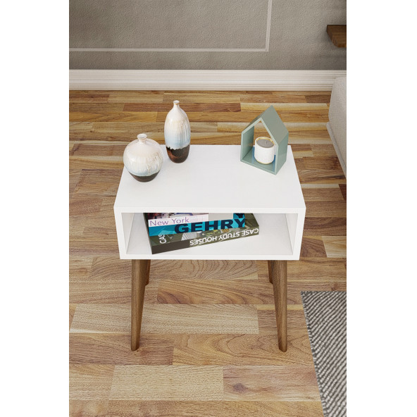 Yeni Konsept Beyaz Başucu Yan Sehpa Komodin(Ceviz Ayak) - 2