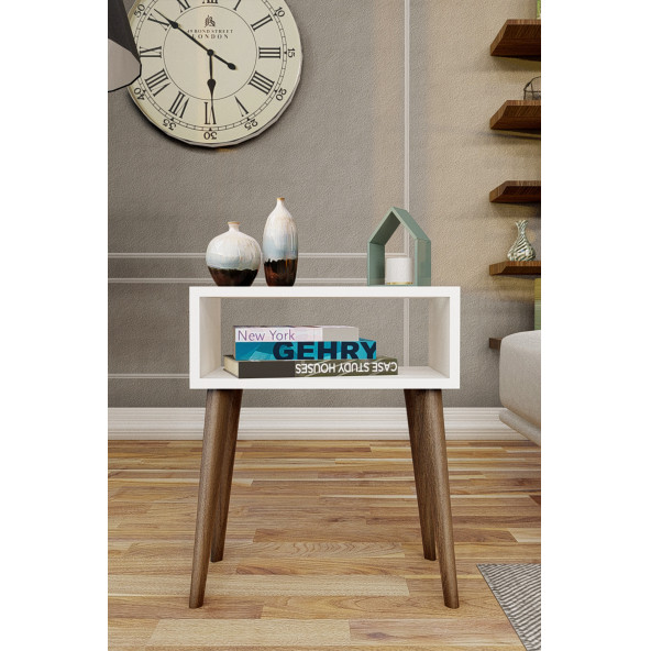 Yeni Konsept Beyaz Başucu Yan Sehpa Komodin(Ceviz Ayak) - 3