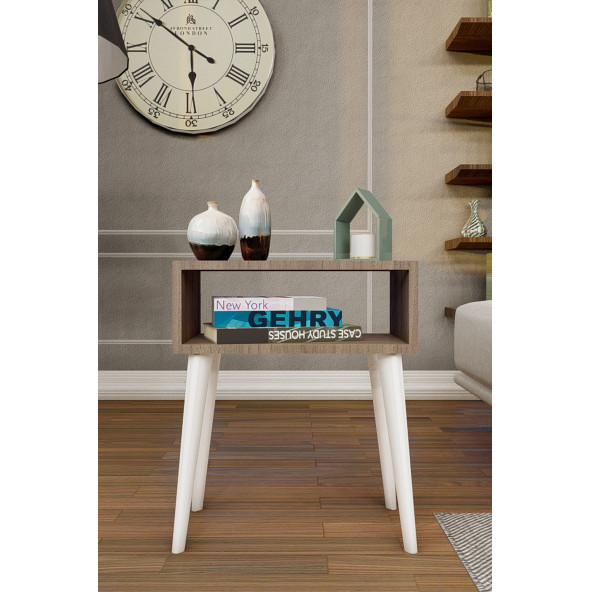 Yeni Konsept Ceviz Başucu Yan Sehpa Komodin(Beyaz Ayak)