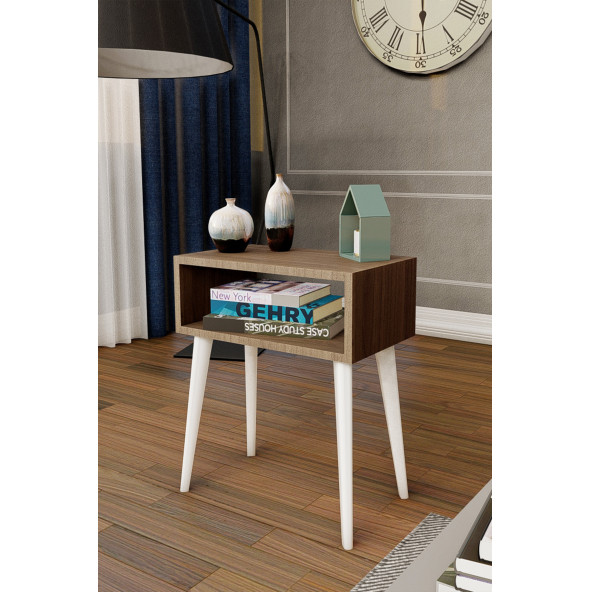 Yeni Konsept Ceviz Başucu Yan Sehpa Komodin(Beyaz Ayak) - 2