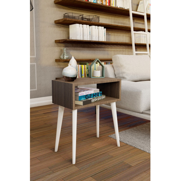 Yeni Konsept Ceviz Başucu Yan Sehpa Komodin(Beyaz Ayak) - 3