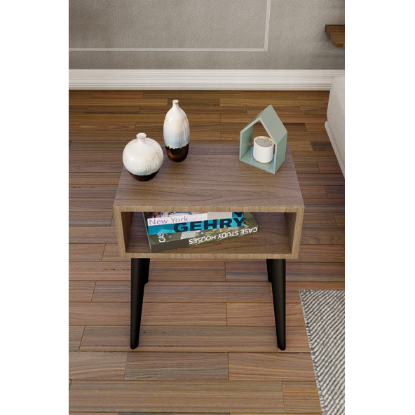 Yeni Konsept Ceviz Başucu Yan Sehpa Komodin(Siyah Ayak)