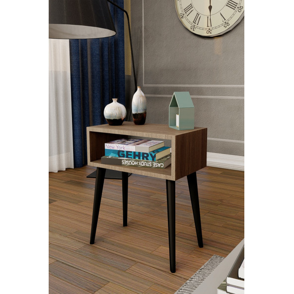 Yeni Konsept Ceviz Başucu Yan Sehpa Komodin(Siyah Ayak) - 3