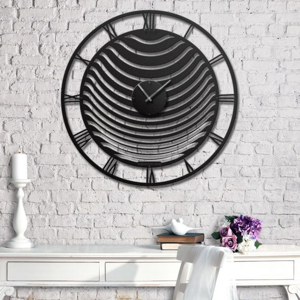 Meksika Dalgası Dekoratif Siyah Metal Kasa Duvar Saati 100 x 100 cm