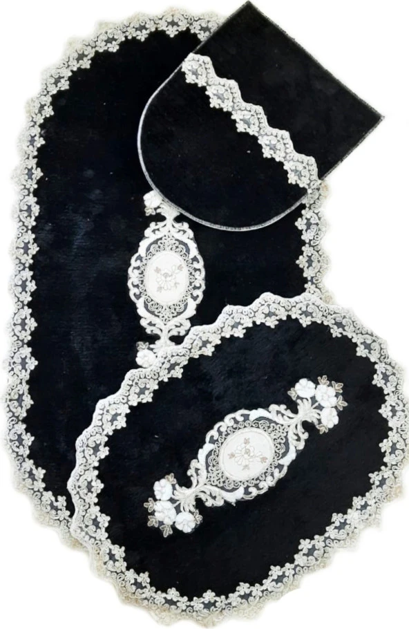 Bonny Home Lisa Siyah 3lü Fransız Dantelli Klozet Takımı Çeyizlik Banyo Halısı Paspası Seti - Resim 2