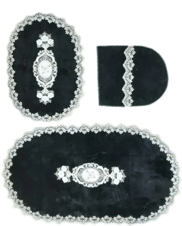 Bonny Home Lisa Siyah 3lü Fransız Dantelli Klozet Takımı Çeyizlik Banyo Halısı Paspası Seti - Resim 3