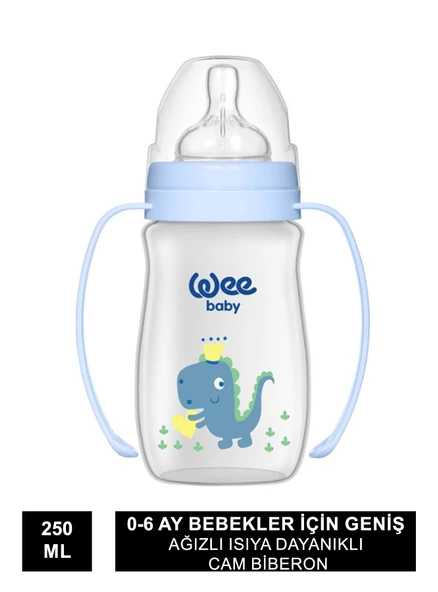 Wee Baby Klasik + Geniş Ağızlı Kulplu PP Biberon 0-6 Ay 250 ml  138Mavi