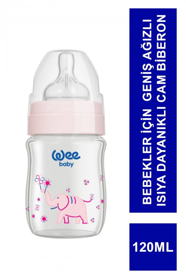 Wee Baby  Klasik Geniş Ağızlı Isıya Dayanıklı Cam Biberon 0-6 Ay 120 ml - 139 -Pembe