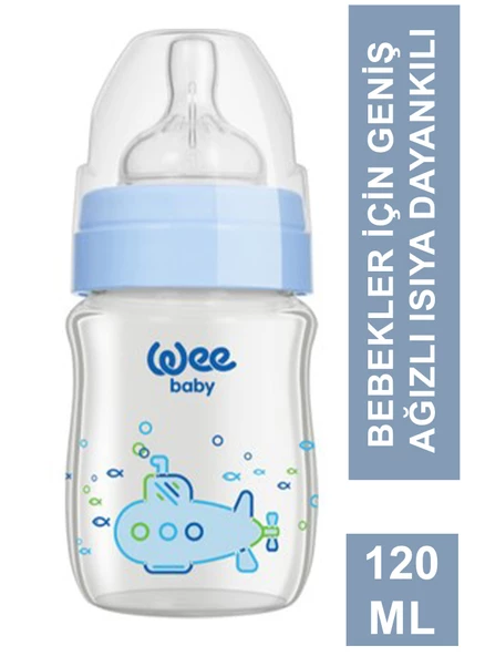 Wee Baby  Klasik Geniş Ağızlı Isıya Dayanıklı Cam Biberon 0-6 Ay 120 ml - 139 -Mavi