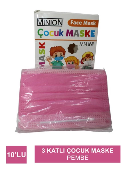 Minion Maske 3 Katlı Çocuk 10lu Pembe
