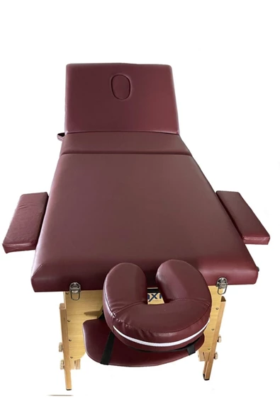MAXİ Katlanabilir 3 Parçalı Ahşap Masaj Masası,çanta Tipi Masaj Ve Tedavi Yatağı Bordo