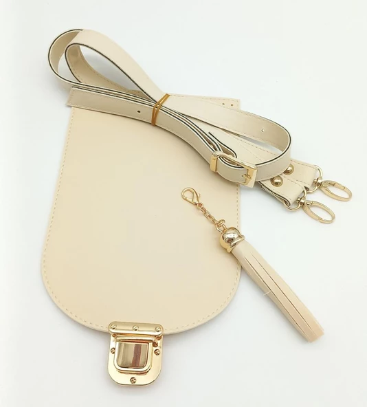 Çanta Aksesuar Krem Suni Deri 120x2 cm Çanta Saplı Püsküllü Çanta Seti Light Gold Metalli