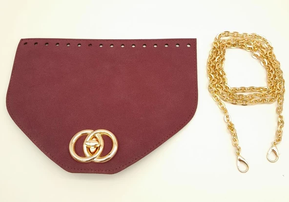 Çanta Aksesuar Bordo Renk Nubuk Süet 22.5x17 cm Kapaklı 120 cm Zincirli Çanta Seti