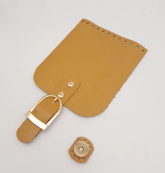 Çanta Aksesuar Gerçek Deri 21x12 cm Hardal Renk Çanta Kapağı Light Gold Metalli - 3