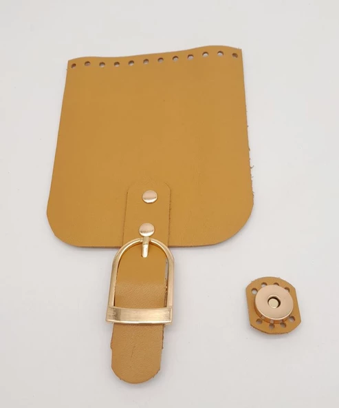 Çanta Aksesuar Gerçek Deri 21x12 cm Hardal Renk Çanta Kapağı Light Gold Metalli - 2