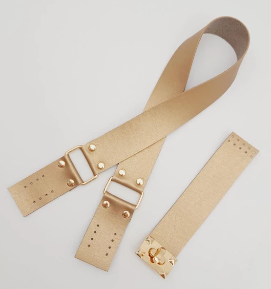 Çanta Aksesuar 70x4 cm Suni Deri Çanta Saplı Kapaklı Gold Renk Çanta Seti Light Gold Metalli - 2