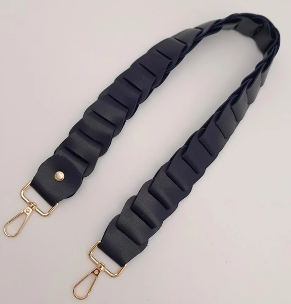 Çanta Aksesuar 62 cm Yassı Örgü Model Suni Deri Lacivert Çanta Sapı Light Gold Metalli - 2