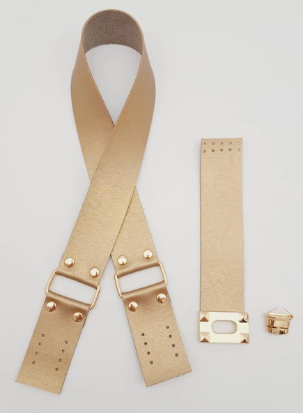 Çanta Aksesuar 70x4 cm Suni Deri Çanta Saplı Kapaklı Gold Renk Çanta Seti Light Gold Metalli - 3