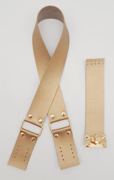 Çanta Aksesuar 70x4 cm Suni Deri Çanta Saplı Kapaklı Gold Renk Çanta Seti Light Gold Metalli