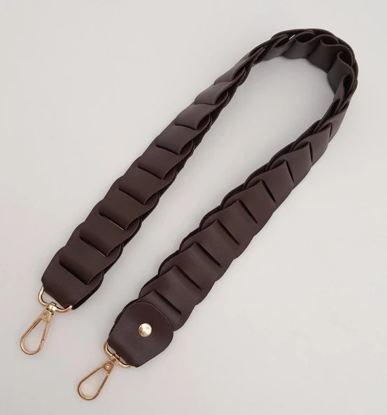 Çanta Aksesuar 62 cm Yassı Örgü Model Suni Deri Kahverengi Çanta Sapı Light Gold Metalli - 3