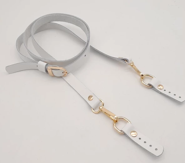 Çanta Aksesuar 130x1.5 cm Beyaz Gerçek Deri Light Gold Tokalı Çanta Sapı - 2