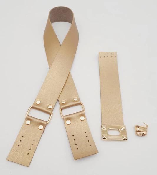 Çanta Aksesuar 70x4 cm Suni Deri Çanta Saplı Kapaklı Gold Renk Çanta Seti Light Gold Metalli - 4