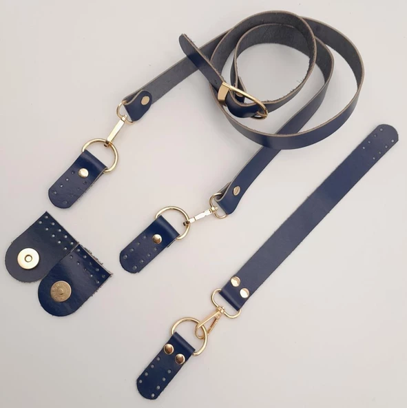 Çanta Aksesuar Gerçek Deri Foryouu Model Çanta Deri Seti Lacivert Renk Light Gold Metalli - 4