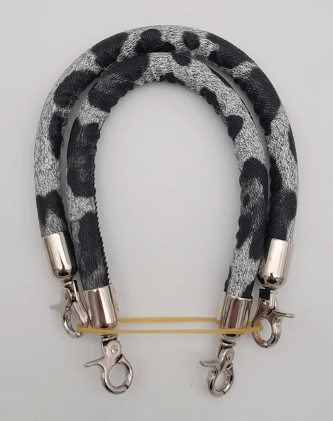 Çanta Aksesuar Çift Kısa Kordon Çanta Sapı Gri Siyah Leopar Gümüş Metalli - Resim 2