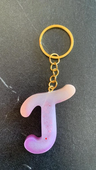 T  Harfi Gökkuşağı Renkleri Kırmızı Sim Süsleme Anahtarlık Gold Aksesuarlı El Yapımı Epoksi - Resim 3