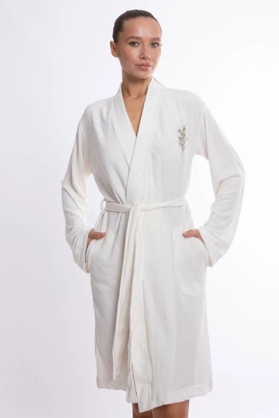 Bambu Lüks Nakışlı Kimono Slim Fit Sabahlık - 4
