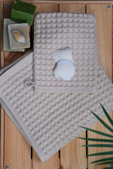 %100 Pamuk Premium Pike Desenli 2’li Set Bej: Havlu 50x100cm El, Yüz Havlusu & 16x22cm Kese