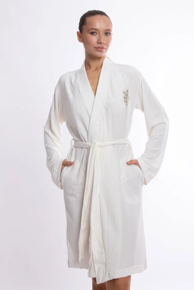 Bambu Lüks Nakışlı Kimono Slim Fit Sabahlık - 5