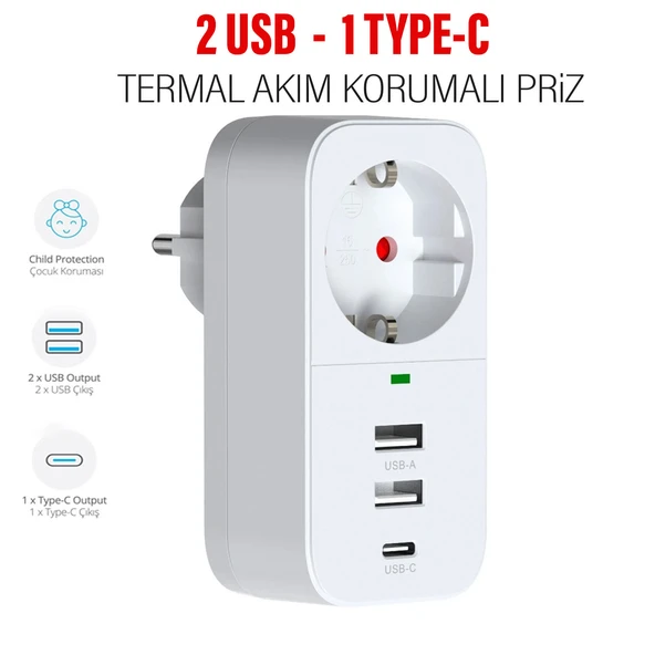 Akım Korumalı USB'li Priz Dönüştürücü - 2 USB - 1 Type-C Girişli Çoklu Fiş